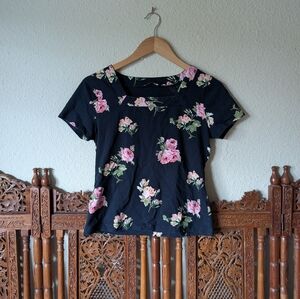 Laura Ashley Feminine Square Neck Floral Black Top T-shirt